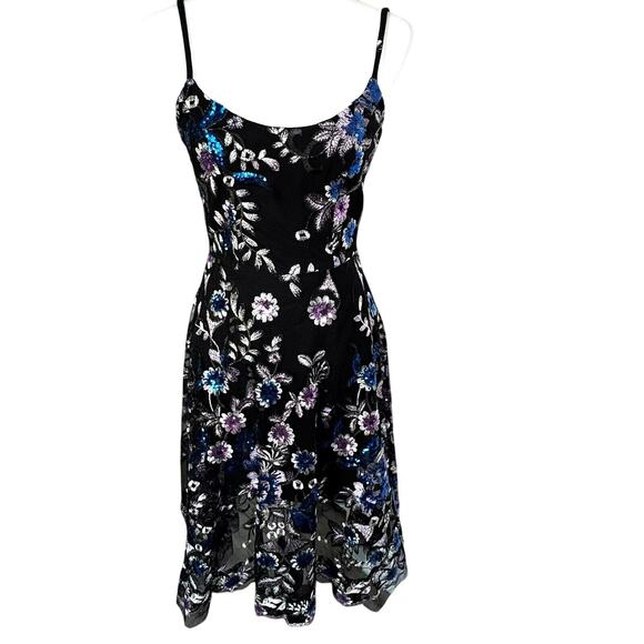 DRESS THE POPULATION XS Black Purple Blue Sequin Applique Floral Midi Dress Prom - Picture 1 of 7
